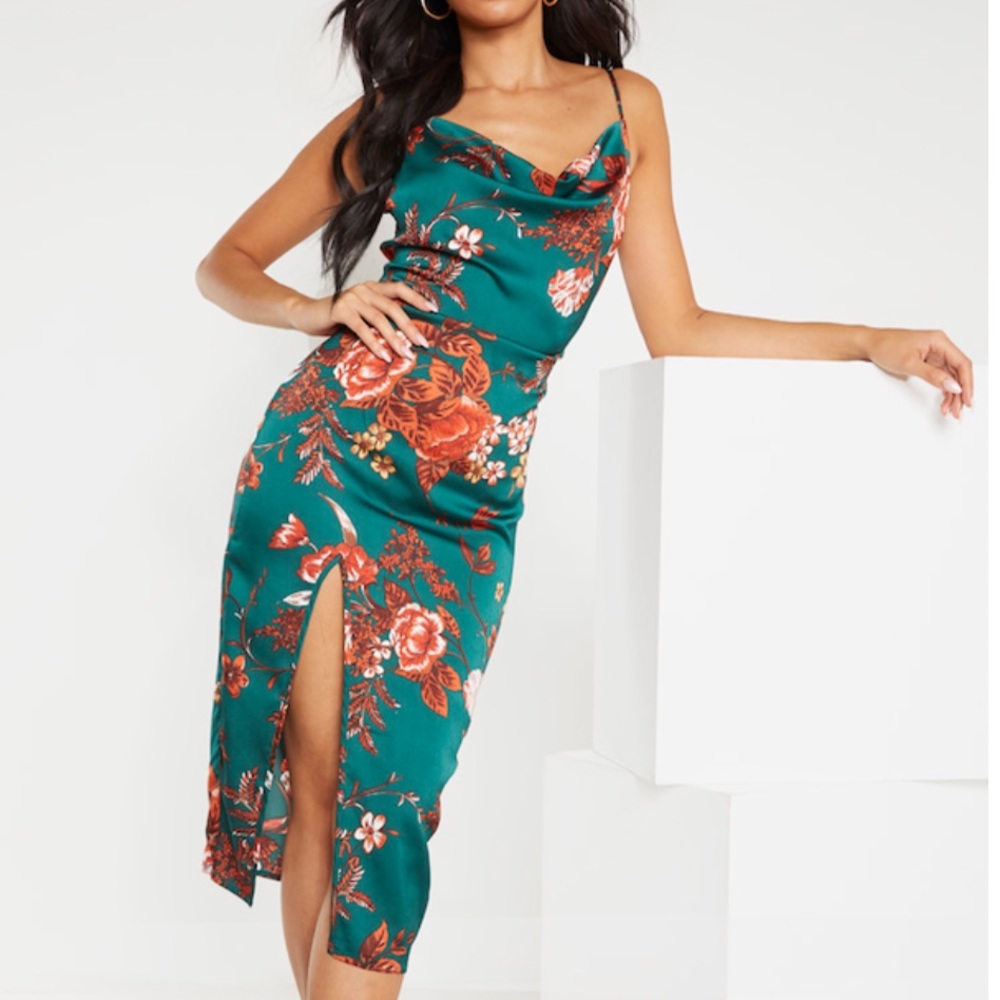 Pretty little thing Emerald Green Floral Strappy Satin Cowl Midi Dress